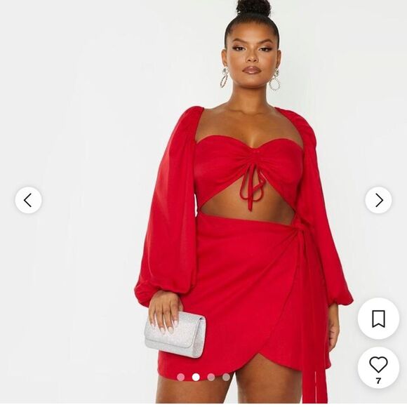 PrettyLittleThing Plus Womens Red Ruched Bodycon Wrap Mini Dress 20 Cutouts Plus - Picture 1 of 10